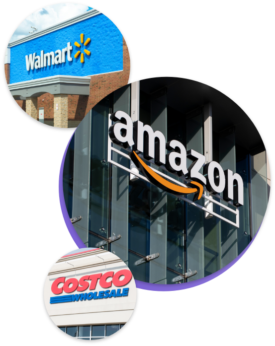 Walmart, Amazon & Costco logos